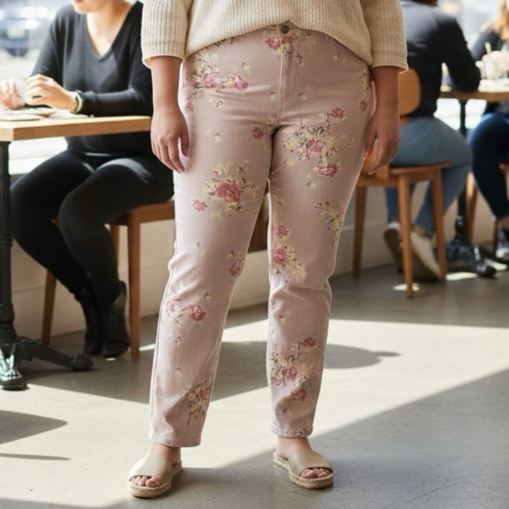 Garnet Hill Light Pink Floral Print Jeans Boho Chic Cottagecore Denim Spring